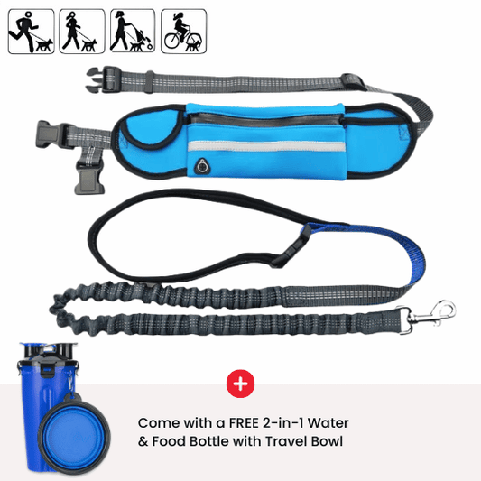 Hands-Free Dog Leash with Adjustable Waist Belt and 3-Pocket Pack – Includes Bonus 2-in-1 Water Bottle & Bowl - Yappyboo