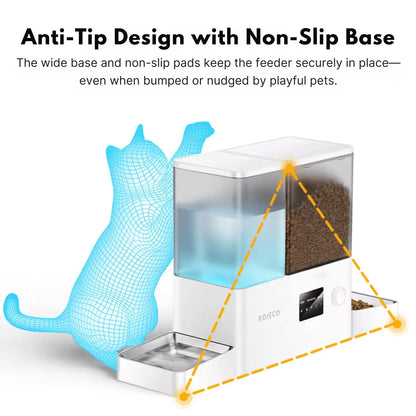 Pet feeder with anti-tip design and non-slip base feature, showing a blue cat illustration.