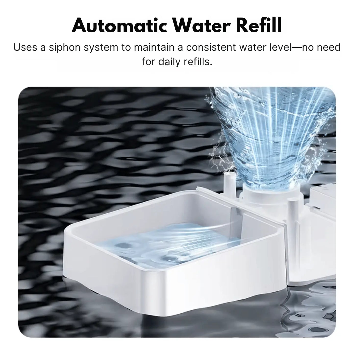 Automatic water refill system with a siphon system for pet water bowls.