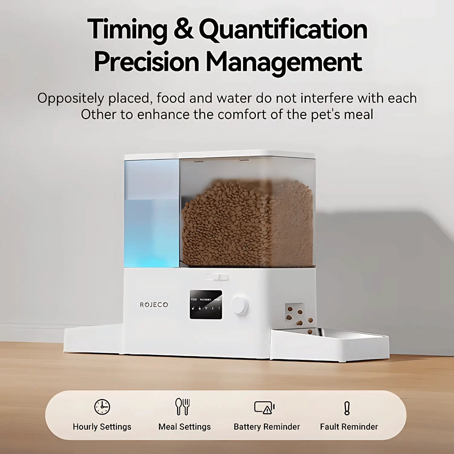 Pet food dispenser with text about timing and quantification precision management on a light background
