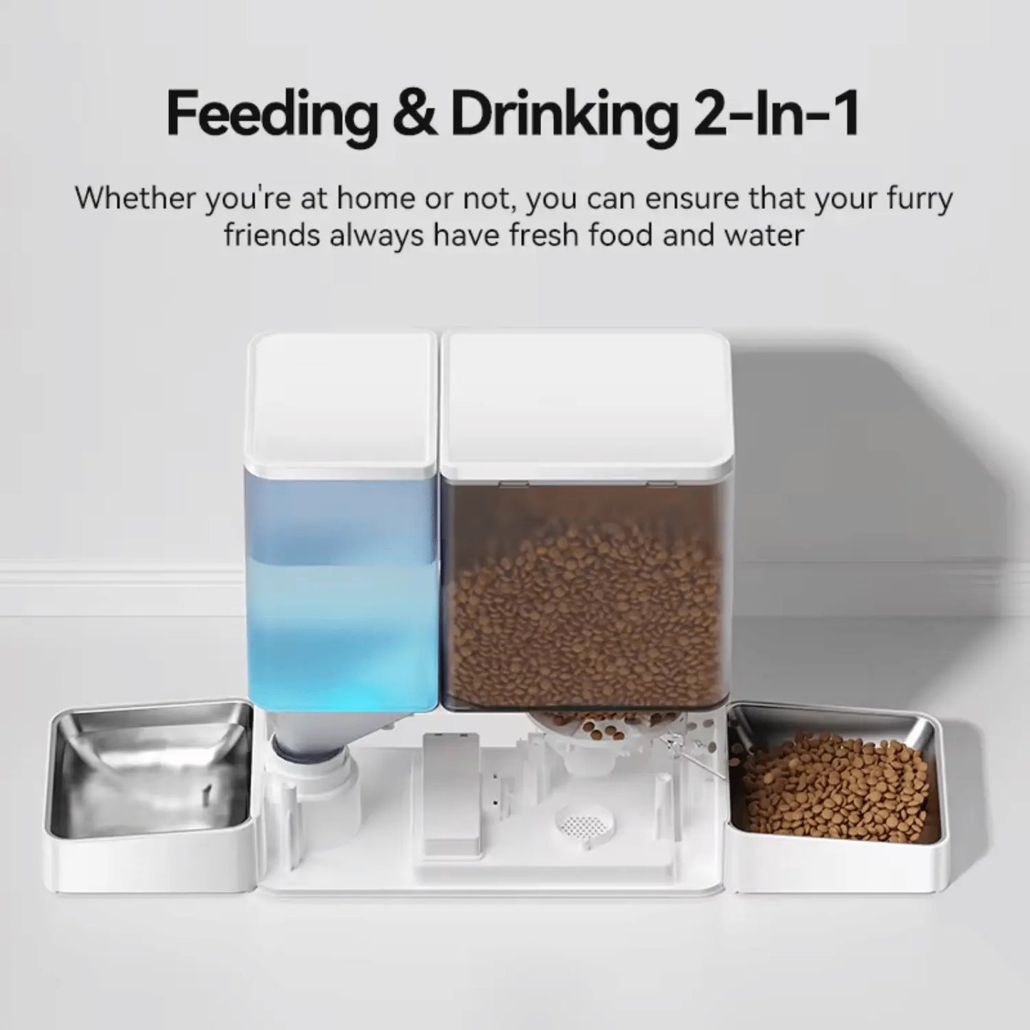 Pet feeding and drinking station with compartments for food and water on a gray background.