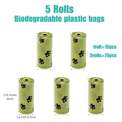 Five rolls of biodegradable plastic bags with paw prints