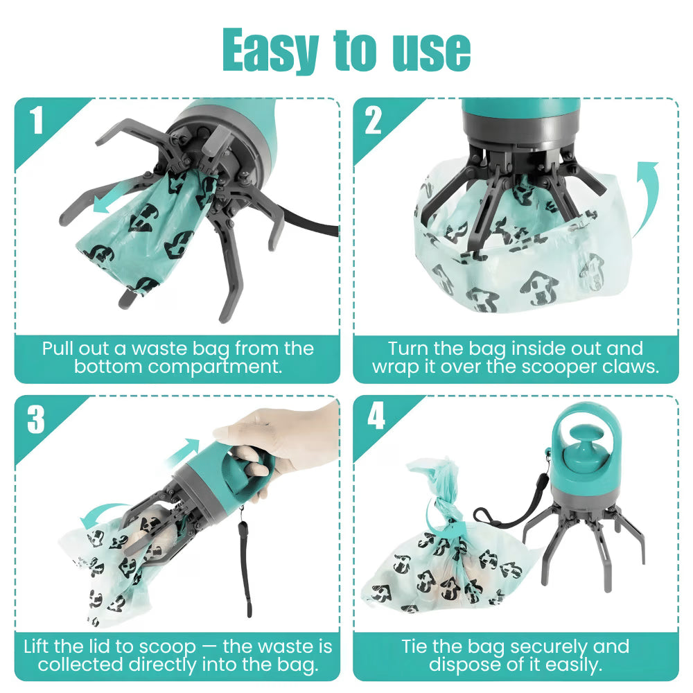Step-by-step guide on how to use a pet waste bag dispenser with text instructions.