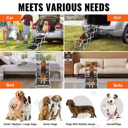 Dog stair climbers being used in various settings like cars, SUVs, beds, and sofas with text 'Meets Various Needs'.