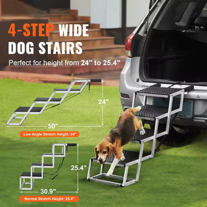 4-step wide dog stairs with a dog climbing onto an open car trunk, set against a grassy background.