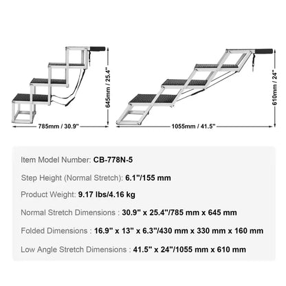 Dimensions and specifications of a folding ladder on a white background