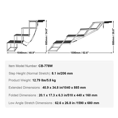 Dimensions and specifications of a folding step ladder on a white background