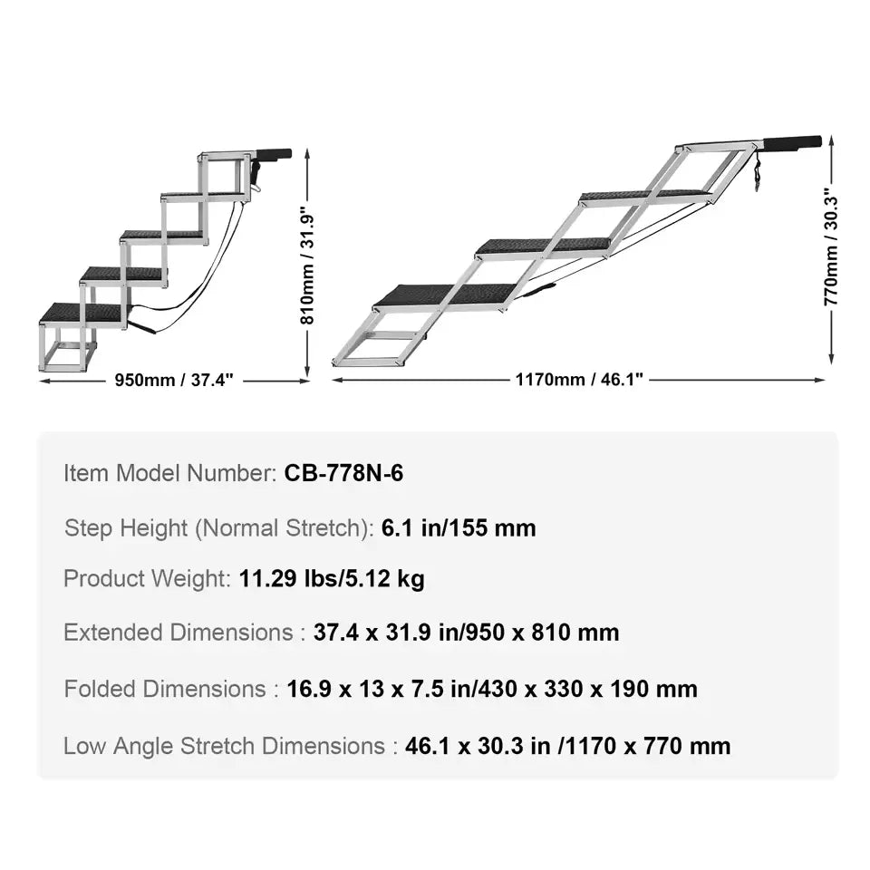 Dimensions and specifications of a set of folding stairs on a white background